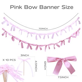 Bow Party Decor,Bachelorette Birthday Decor, Pink Garland Banner Ribbon Bow Decor, Pink Coquette Birthday Banner, Bow Cupcakes Topper, for Baby Shower,Bridal Shower, Wedding Favors, Party Supplies.