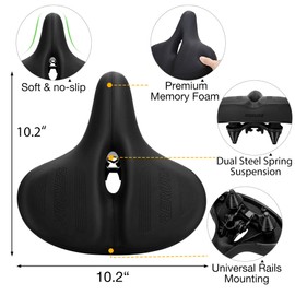 RERUIA Oversized Bike Seat Comfortable Saddle Dual Shock Absorbing Center Cutout Wide Large Exercise Bicycle Seat Leather Cover Waterproof Universal Fit for Men Women Seniors Outdoor Indoor Cycling