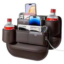 Pcnjozx 2 PACK Car Seat Gap Filler Organizer with Cup Holder, Universal Fit Soft Leather Box Storage, Automotive Accessories Necessities for Phones Keys Sunglasses Cards, Brown