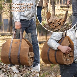 Canvas Firewood Log Carrier Bag, Waxed Durable Wood Tote of Fireplace Stove Accessories, Extra Large Hay Hauling with Handles for Outdoor Camping-Rust