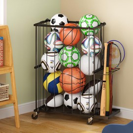 Garage Ball Storage With Baseball & Badminton Holder: Floor Sports Equipment Organizer, Sports Ball Rack With Elastic Rope, Ball Holder for Basketball, Soccer, Volleyball, Football, Garage, Gym, Black