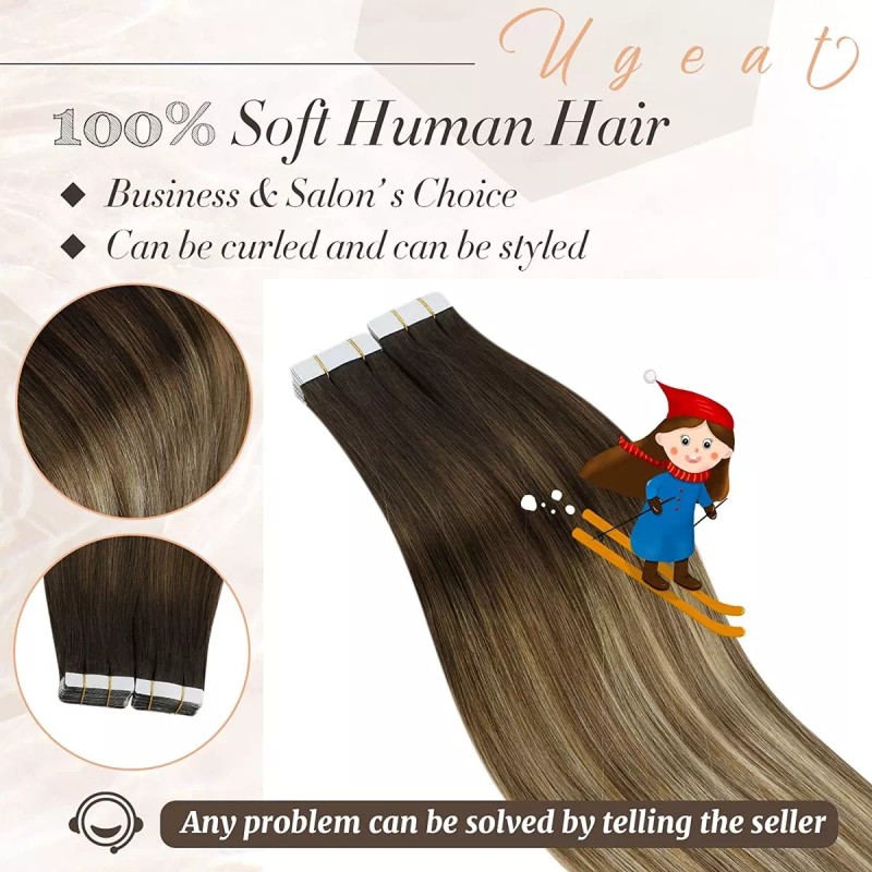 Ugeat Extensiones Cabello Real 50gr 14in Balayage Marrón A Blanque