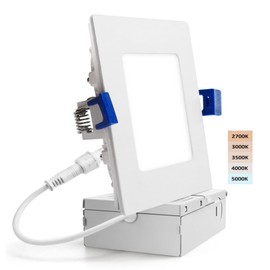 4 Inch Square LED Recessed Lighting, 5CCT Selectable 2700K/3000K/3500K/4000K/5000K, 750LM Slim Flat Panel with J-Box, IC Rated, 4in Dimmable Canless LED Downlight for Shower, Living Room (1 Pack)