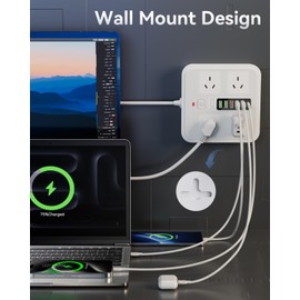 AUSELECT Powerboard USB, 10IN1 Power Strip USB C, Power Board Surge Protector with 4-Outlets, 2Meter Power Extension Cord with 2-USBC & 4-USB 2500W Surge Protection, Wall Mountable, for Home Office