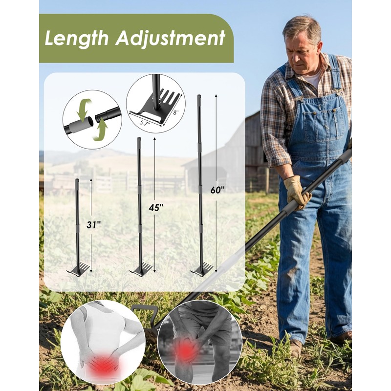 Garden Hoe, 60 Inch Adjustable 2-in-1 Hoe Garden Tool, Sharp
