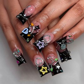 24 Pcs Duck Fake Nails Medium Press on Nails Black French Tip with Charms Star and Blue Love Shape Sparkly Artificial Glossy Rhinestones Designs False Nails 3D Rose Goth Stick on Nails for Women DIY