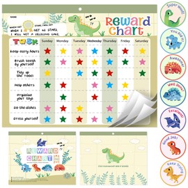 Magnetic Reward Chart for Kids at Home, Behavior Chart Pad with 26 Chore Charts, 1680 Star Stickers, 84 Motivational Stickers to Motivate Responsibility & Good Habits (Dinosaur)