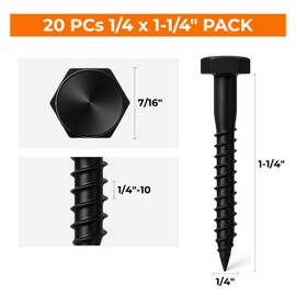 1/4 x 1-1/4 Black Lag Bolts, 20 PCs Dacromet-Coated 304 Stainless Wood Lag Screws for Light Outdoor Framing, SS Hex Head