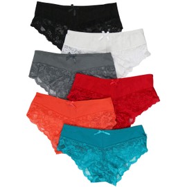 ToBeInStyle - Pack de 6 bragas estilo hipster y bikini para mujer, Paquete de 6: bragas de encaje floral con cintura de color liso, S