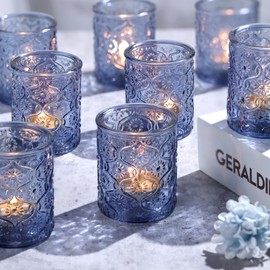 Volens 24pcs Blue Votive Candle Holders for Table Centerpiece, Vintage Flower Glass Tealight Candle Holders Bulk for Wedding Decorations, Bridal Shower, Boho, Home and Party Decor