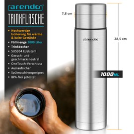 Arendo - Water Bottle to Go 1 Litre Thermal - Stainless Steel Thermos Flask with Lid / Cup - Thermos Flask 1000 ml - 100% Leak-Proof - Double Wall - for Hot and Cold Drinks