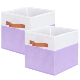 powerking Fabric Storage Box Bins, 2 Pack Foldable Cloth Storage Cube Organizer Drawer with Handle For Closet And Toys Storage,27x27x28cm,White+Light Purple