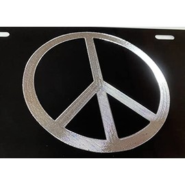 Engraved Peace Sign Car Tag Diamond Etched Silver on Black Aluminum Vanity License Plate
