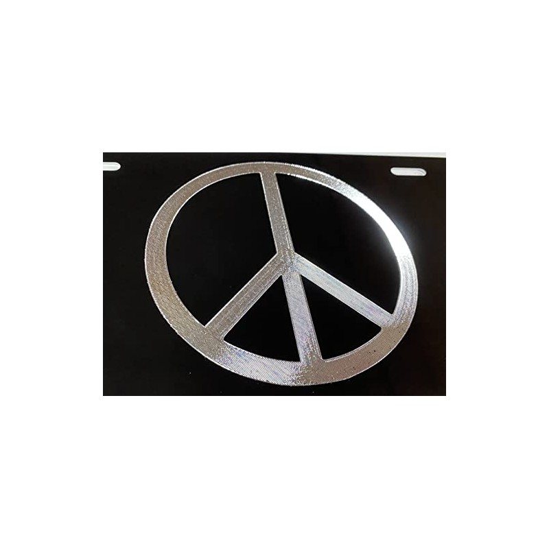 Engraved Peace Sign Car Tag Diamond Etched Silver on Black