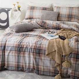 SUSYBAO 3 Piece Duvet Cover Set 100% Natural Cotton Queen Size Gray and Khaki Tartan Bedding Set with Zipper Ties 1 Ivory Plaid Stripe Duvet Cover 2 Pillowcases Hotel Quality Soft Breathable Durable