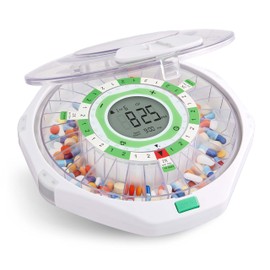 Live Fine 28-Day Automatic Pill Dispenser Frosted Lid with Upgraded LCD Display and Key Lock, Sound & Light for Prescriptions, Medication, Vitamins, Supplements & More