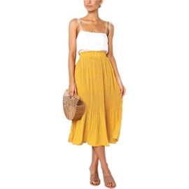 Hoerev Women Print Dot with Pockets Pleated Long Skirt Beach Party Maxi Skirt,YellowDot,Small