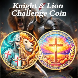 IELCJJ Knight & Lion Challenge Coin -Christian Challenge Coin - Knight Strength Courage Coin - Knight Faith Coin - Philippians 4:13 Religious Red Cross Token Good Luck Inspirational Gifts (E)