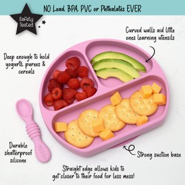 PrimaStella Unbreakable Silicone Non-Slip Baby & Toddler Plate and Spoon Feeding Set - Rosy Plum Purple