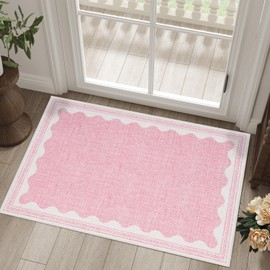 CAREMEE Scalloped Washable Rug 8x10 Area Rugs for Living Room, Solid Pink Rug for Bedroom Girls, Non Slip Throw Carpet with Rubber Back, Soft Dorm Nursery 8x10 Rugs for Dining Room