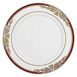 Kaya Elegant White with Burgundy & Gold Harmony Rim Disposable Plastic Salad Plates (7.5") - Perfect for Weddings, Upscale Events, Banquets & Special Occasions - Pack of 10