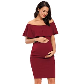 Jezero Women's Maternity Dress Off Shoulder Ruffle Sleeveless Bodycon Dress for Baby Shower Wine Red