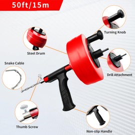 Drain Auger, 50 FT Plumbing Snake Clog Remover, Drain Snake with Drill Attachment, Heavy Duty Steel Drum Sink Snake Drain, Manual or Powered Use for Kitchen, Sink and Shower, w/Gloves and Storage Bag