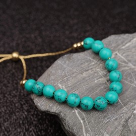 Lauren-Spencer Silver Gold Plated Beaded Bracelets for Women Adjustable Bolo Crystal Gemstone Beaded Bracelets Stackable Agate Rose Quartz Turquoise Beaded Bracelets for Women Jewelry Gift (Gold Plated-Created Turquoise)