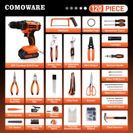 COMOWARE Household Tool Set with 20V Cordless Drill Driver, 120Pcs Hand Tool Kit for Men, Power Drill Set with Plastic Toolbox, Ideal for Office, Garden, DIY Project