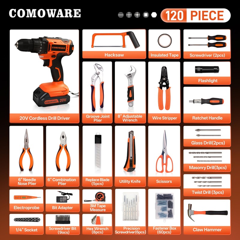 COMOWARE Household Tool Set with 20V Cordless Drill Driver, 120Pcs