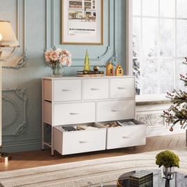 WLIVE 7 Drawer Dresser TV Stand, Dressers for Bedroom, Fabric Storage Tower, Hallway, Entryway, Closets, Sturdy Steel Frame, Wood Top, Easy Pull Handle, White
