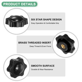 M METERXITY 6-Pack 6 Star Knobs, 1/4"-20 Female Thread 1.5"(38mm) Hexagon Head Blind Hole Clamping Grip Handles for Machinery/Electronic/Woodworking, Brass Screw-On Threaded Knob [Black]