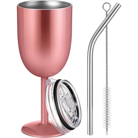 Ninehaoou 1 Pc Insulated Wine Tumbler with Lid Straw Brush 10oz Stainless Steel Glasses Cups Double Walled Vacuum Insulated Wine Tumbler for Christmas Women Men Holiday Birthday Gifts (Rose Gold)