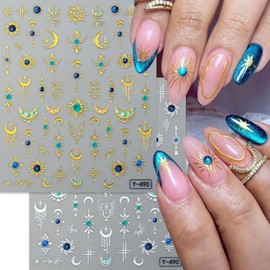 6 Sheets Hot Stamping Gold & Silver Star Nail Art Stickers 3D Self -Adhesive Moon Stars Nail Decals Holographic Pendant Vintage Moon Nail Stickers Unique Nail Decoration for Women Manicure Supplies