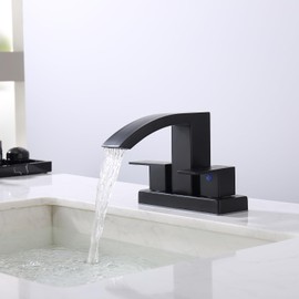 Pirooso Waterfall Bathroom Sink Faucet Matte Black, 4 inch Bathroom Sink Faucet with 2 Supply Hoses, 2 Holes or 3 Holes Basin Lavatory Mixer Tap with Deck Mount Plate