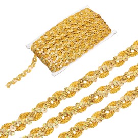 sourcing map 24 Yard Sequins Beaded Lace Trim 0.6 Inch Wave Sequin Braid Trim Strip Paillette Ribbon for Crafts, Embellishments, DIY Sewing Costume, Bling Gold