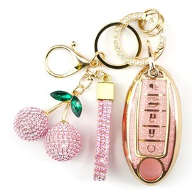 Sparkly Gold Pink Key Fob Cover with Cherry Keychain for Nissan