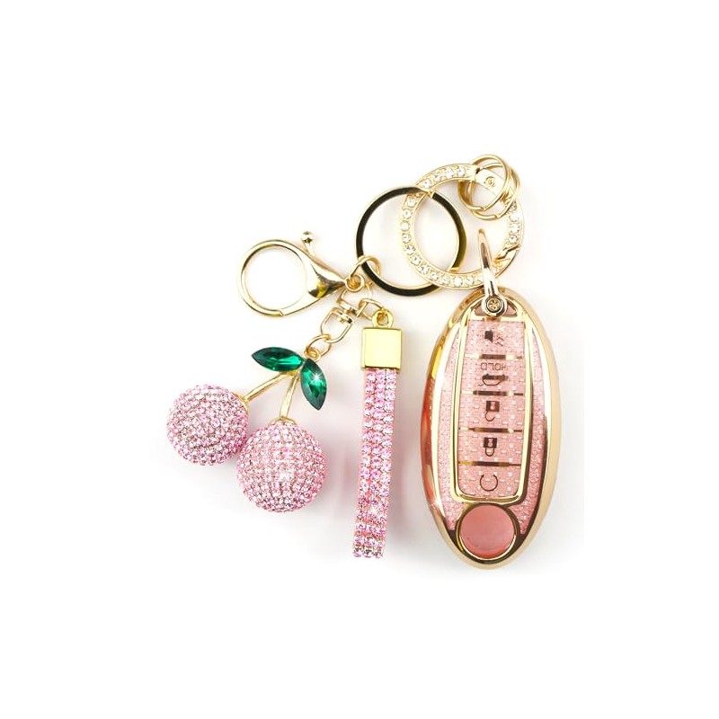 Sparkly Gold Pink Key Fob Cover with Cherry Keychain for