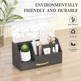 Wisuce Essentials Bamboo Desk Organizer with Drawers, Mail Organizer Countertop Wood Desk Drawer Tabletop Storage Organization Pen Holder Letter Sorter Makeup Organizer for School Home Office (Black)