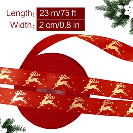 20mm 25 Yards Red Christmas Ribbon Roll Gold Reindeer Christmas Ribbons for Christmas Crafts Gift Wrapping Xmas Present Packaging Decorations