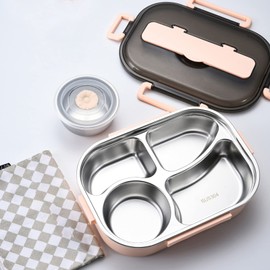 Lunch Box Made of 304 Stainless Steel, Lunch Box with 4 Compartments, with Fork and Spoon, with Dessert Cup, 1500 ml Bento Lunch Box, Lunch Box, Warming Box for Food, Breakfast Box, for Hiking,