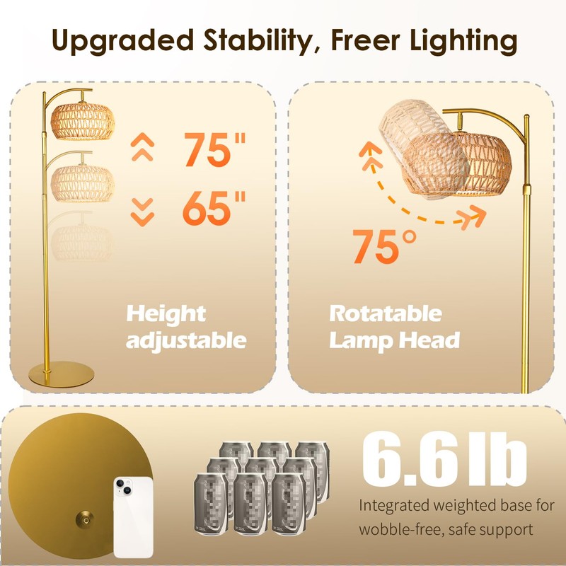 DRAWNCAT Gold Boho Rattan Floor Lamp w/Remote, Dimmable (2700K -