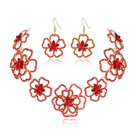 Crysdue Flower Collar Necklace Earrings Set, Floral Summer Beach Statement Bid Choker Jewelry for Women Red Gold-Tone