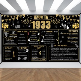 93rd Decorative Cloth for Women or Men, Birthday Banner With Holes, Built-in White Ribbon 1933 93rd Year for Grandpa Grandma Old Happy Birthday Banner, Outdoor、Indoor Bday Background Decor