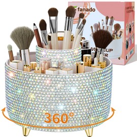 Bling 360° Rotate Makeup Brush Holder Organizer, Makeup Organizers Countertop, Makeup organization and Skincare Storage for Vanity, Gift for Women Girls (Bling dz-White AB)