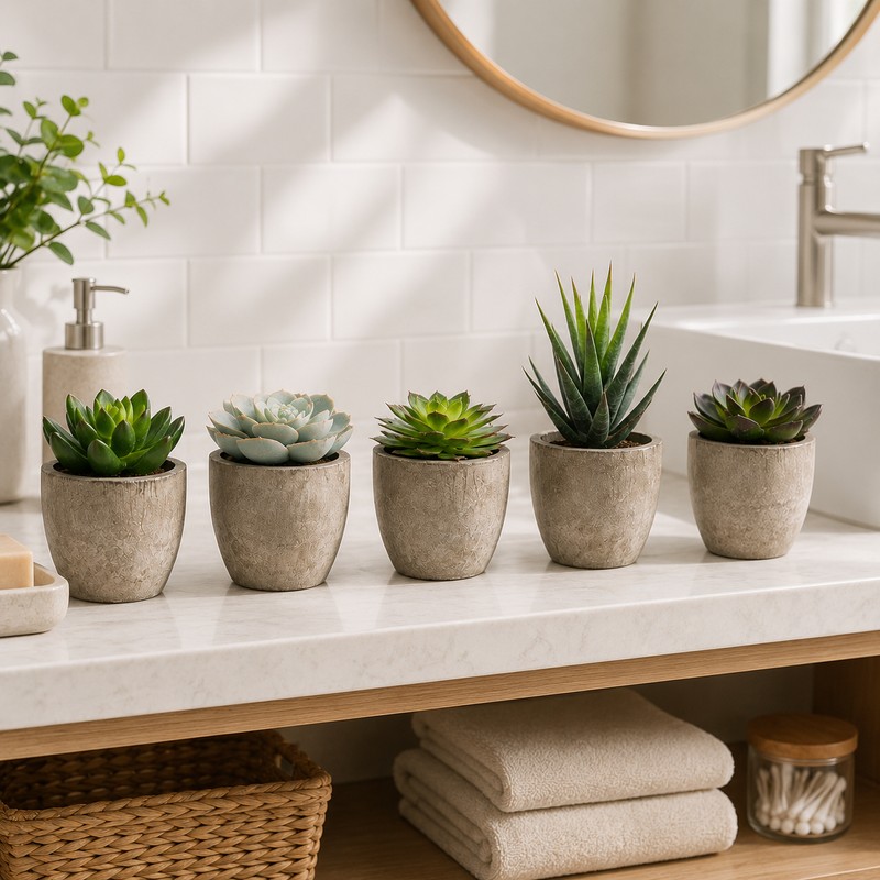 Artificial Succulent Plants in Decorative Cement-Style Pots – 5-Piece Faux