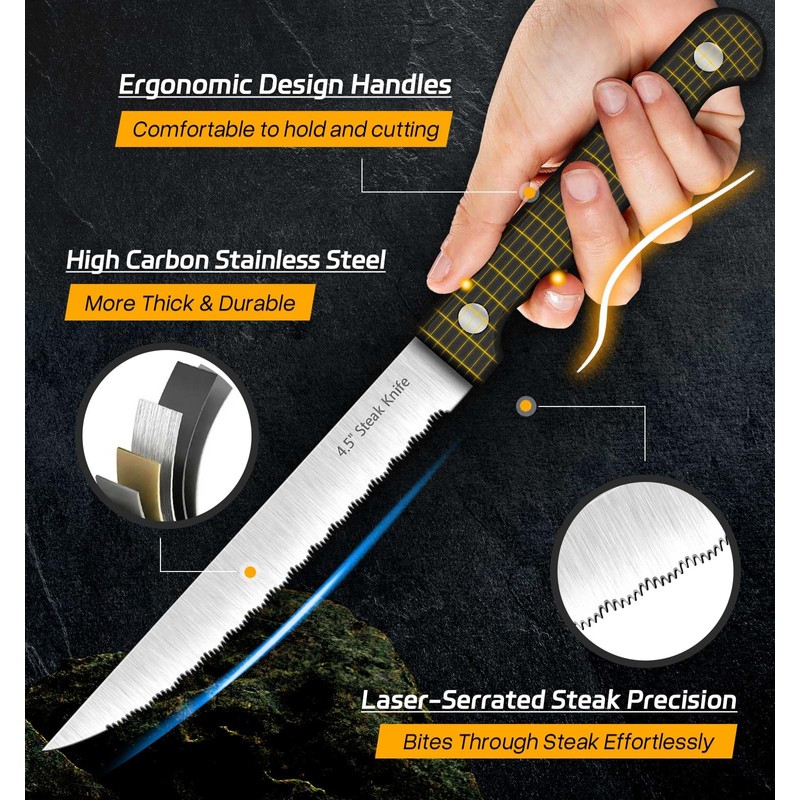 Steak Knives, 7 Pieces Steak Knife Set with Block, High