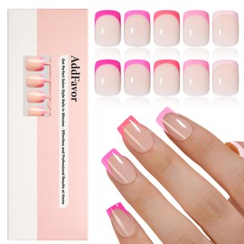 AddFavor French Tip Press on Nails Short Square Fake Nails - 160Pcs Pink French Tip Nails Press ons Nail Nude Acrylic Glue on False Nail Tips with Glue and Adhesive Tabs 16 Sizes