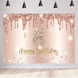 8th Birthday Decoration Happy EighthBirthday Backdrop for Girls 8 Years Old Birthday Party Background Glitter Rosegold Party Banner Kids Photo Studio Props, 150 cm x 90 cm