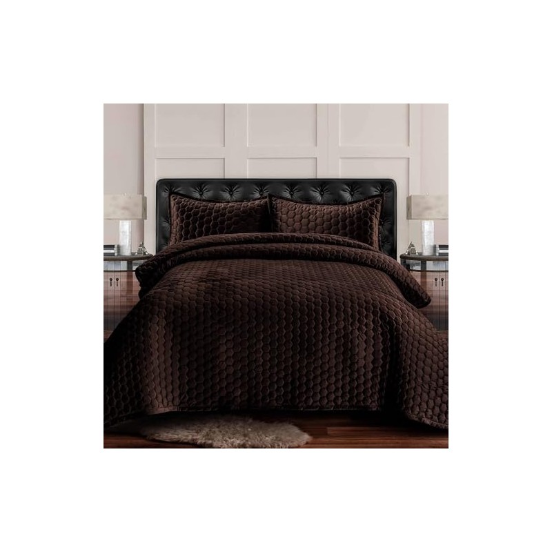 Tribeca Living Velvet Queen Quilt Set, Three-Piece Lugano Honeycomb Stitch